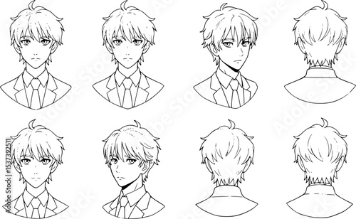 Lcharacter design featuring various angles and views of a male with short, stylized hair and a suit.