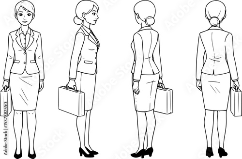 Businesswoman Line Art Illustration showing front, side and back view of the character holding a briefcase