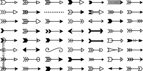 A collection of various black arrow designs arranged in rows on a light gray background with shadows