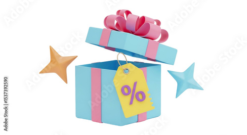 Open blue gift box with pink ribbon and a yellow price tag and two stars floating around it on transparent background