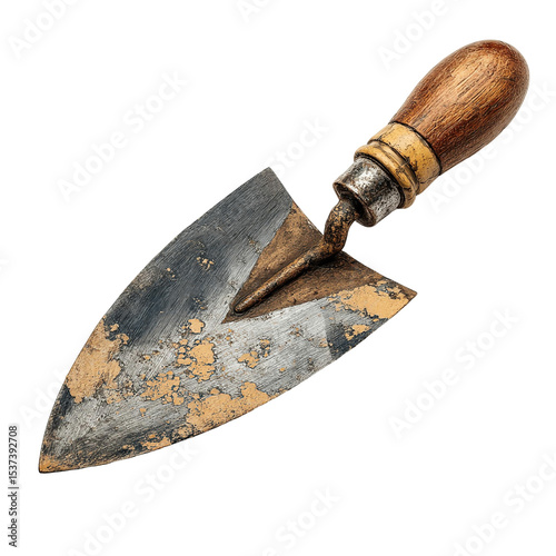 Close up view of a trowel with a wooden handle and a metal blade showing signs of wear and tear on transparent background