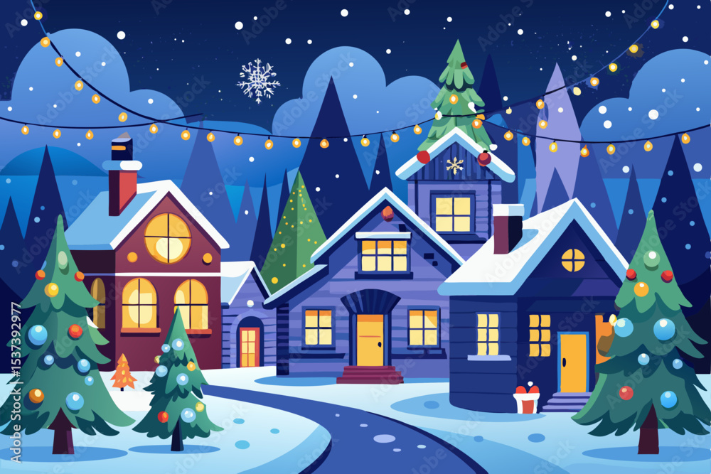 Fototapeta premium Christmas winter landscape village with houses, snow, and trees at night