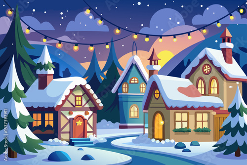 Christmas winter landscape with a village house and snow-covered trees, perfect for a holiday new year card illustration