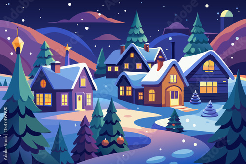 Christmas night winter village landscape with a snowy cottage and festive holiday illustration