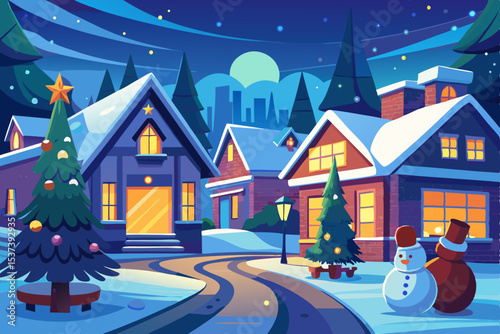 Santa Claus on a snowy Christmas night, flying over a festive town with decorated houses and trees