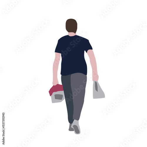 A man walks down the street in summer clothes. 2D image to use as entourage. Flat city vector infographic.