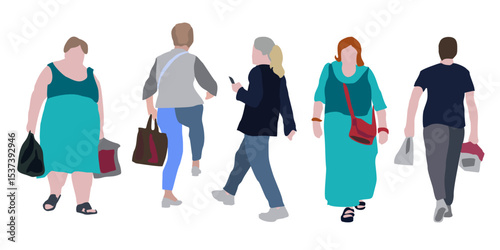 Set of drawings of people on the street in spring clothes. 2D image for use as an entourage. Vector flat city infographics.	
