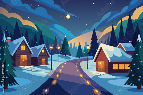 Christmas winter night landscape with houses and snow