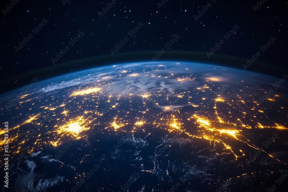 Obraz premium A breathtaking satellite view captures Earth at night, highlighting city lights that resemble veins of energy. The illumination contrasts beautifully with the dark backdrop of space