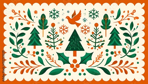 Festive christmas illustration with traditional ornaments and dove