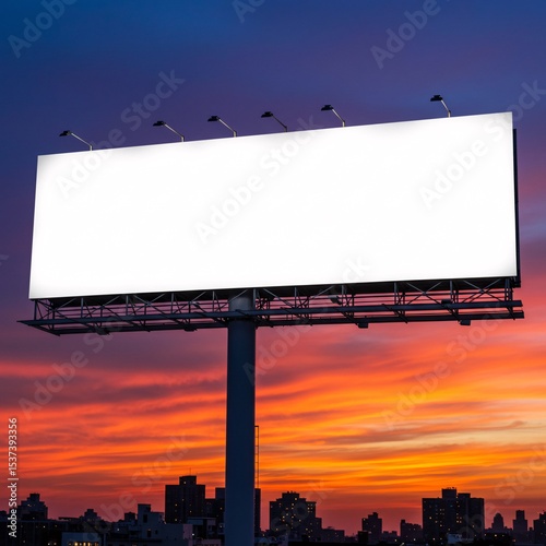 A large, blank white billboard stands against a dramatic twilight sky filled with vibrant oranges, reds, and purples fading into a deep blue at the top.