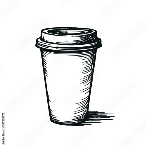 Illustration of a takeaway coffee cup with lid, hand-drawn sketch style, on white background, concept of beverage and caffeine culture