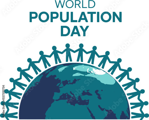 World population day graphic featuring globe and people holding hands in a circle around it