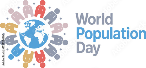World population day design featuring a globe surrounded by diverse stylized people icons