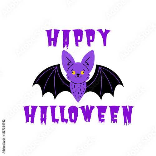 Purple bat  positioned between the phrases HAPPY and HALLOWEEN  in a dripping, jagged  font