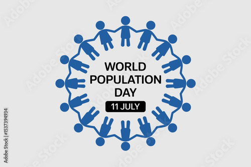 World population day graphic with blue figures holding hands in a circle on white background