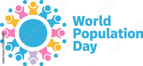 World population day graphic featuring colorful figures surrounding a globe illustration