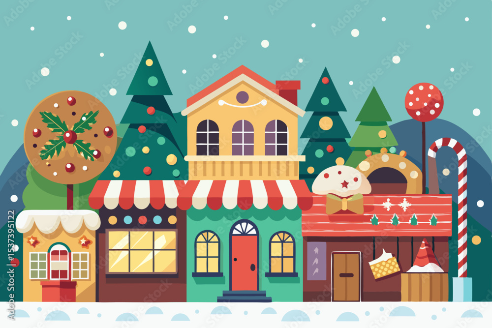 Naklejka premium Christmas winter holiday card vector illustration with a decorated house, snowman, and birds in a snowy village landscape at night