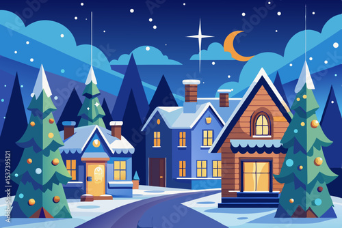 Christmas night winter landscape with houses, snow, and festive trees, a perfect holiday village scene illustration