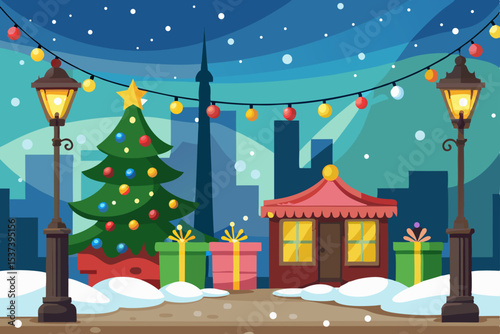 Christmas winter holiday card with snowman, gifts, and a tree in a snowy night village landscape illustration