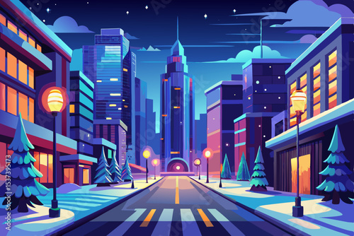 Night city lights blur with the motion of urban traffic on a busy highway, highlighting the architectural skyline