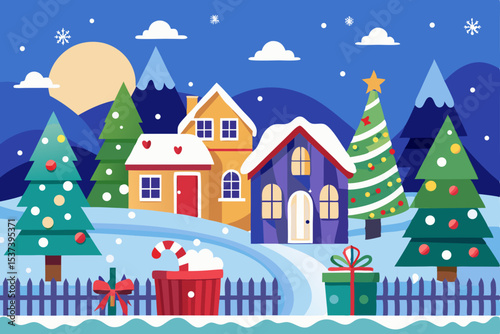 Christmas winter night landscape with houses, snow, and festive holiday town decoration illustration
