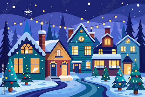 Winter wonderland village scene with festive houses and snow-covered trees under a star-filled Christmas night sky