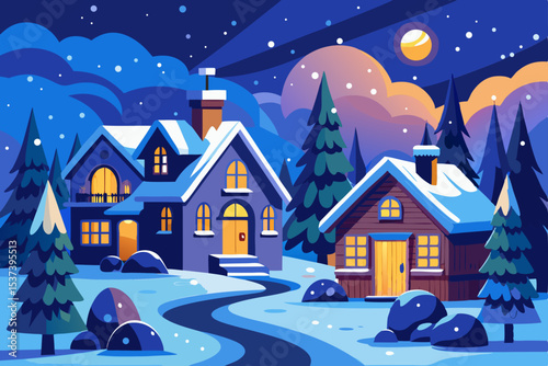Christmas night winter landscape illustration of a snow-covered village with festive houses and a starry sky