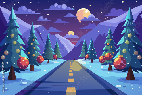 A festive Christmas tree stands illuminated at night, adorned with decorations, celebrating the winter holiday season under a starlit sky