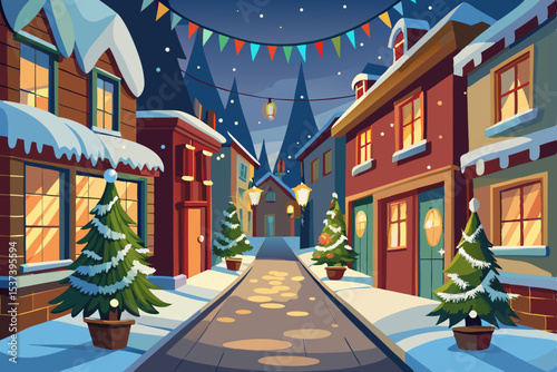 European medieval town's historic street with an old church, ancient red-roofed houses, and a prominent Christmas tree
