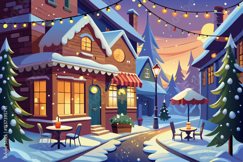 Christmas and winter holiday scenes: Santa Claus and decorated Christmas trees in city and town landscapes with snow-covered buildings, homes, and old village streets at night