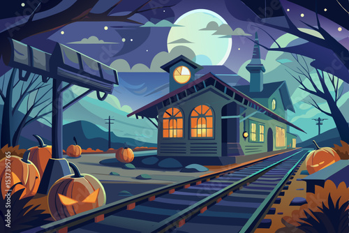 Spooky haunted house and pumpkins under a dark Halloween night sky with silhouetted trees