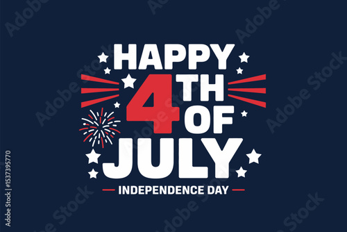Happy fourth of july graphic with stars, stripes, and fireworks on a navy blue background