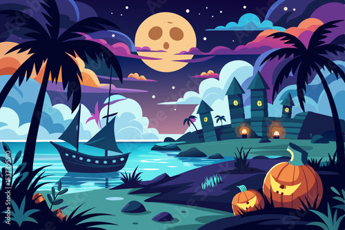 Spooky Halloween night on a tropical island beach with palm trees and a moonlit ocean, a perfect blend of summer and autumn