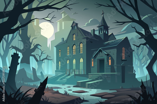 Spooky Halloween night landscape with a haunted castle, silhouetted trees, and bats against a full moon sky