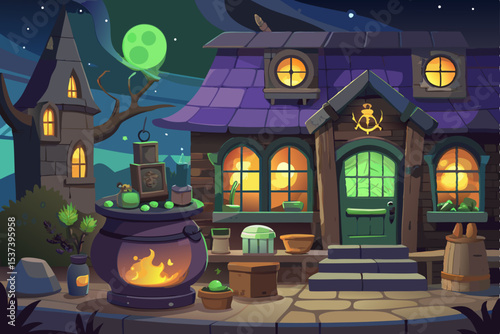 Spooky Halloween pumpkin house under a dark, moonlit sky illustration