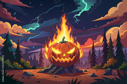 Spooky Halloween pumpkin in the dark autumn forest with bats and a scary moonlit silhouette at night