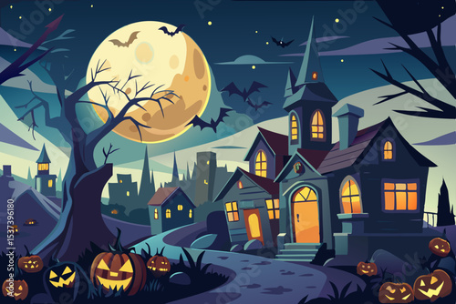 Spooky Halloween night vector illustration with a haunted castle, moon, and bats flying around a gnarled tree, featuring pumpkins and a black cat