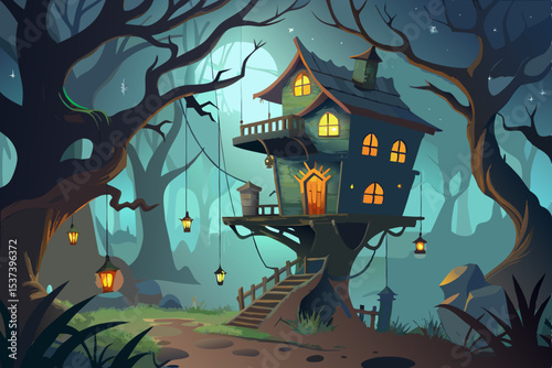 Spooky Halloween night with haunted house, bats, and castle silhouette under a full moon