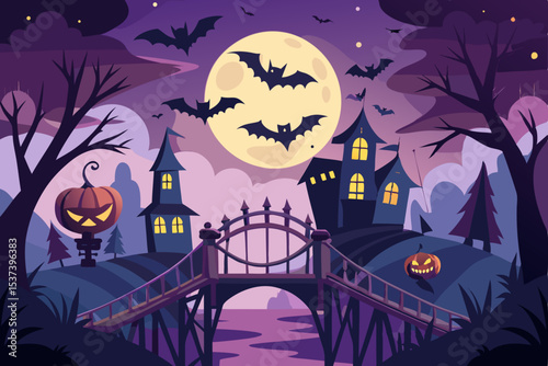 Spooky Halloween night with a haunted castle, silhouetted bats, and a glowing pumpkin under an autumn moon