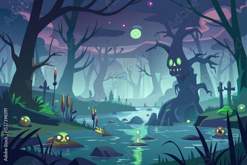 Whimsical Halloween night landscape vector illustration with a spooky tree, moon, bats, and a mysterious house silhouette