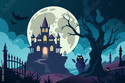 Spooky Halloween night with haunted castle, full moon, flying bats, and scary trees, perfect for a dark autumn party celebration illustration