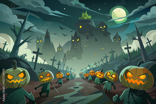 Spooky Halloween night with pumpkins, bats, and haunted house silhouette under an orange moon, perfect for a dark autumn holiday illustration