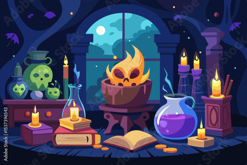 Spooky Halloween pumpkins with flickering candles illuminate the dark October night, creating a scary autumn celebration with silhouetted bats and a black cat design