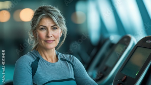 A confident woman walking on a treadmill in a modern gym, showcasing fitness, health, and wellness
