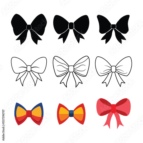 Classic bow tie silhouette and line art set for fashion design color vector illustration on white background