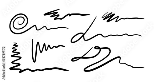 Set of abstract black hand-drawn lines and scribbles on white background. Doodle style design elements for highlights, text dividers, frames, or decorative purposes. Minimalist sketchy strokes