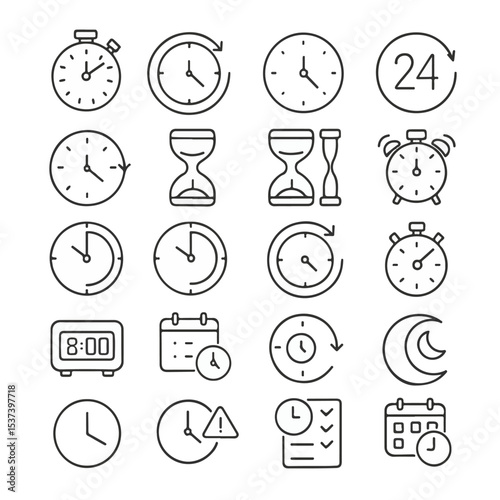 Editable Time Line Icons are available.  Vector graphic of clock-related icons, including alarms, stopwatches, and timers, in a contemporary thin-line style.  On a clear background, isolated