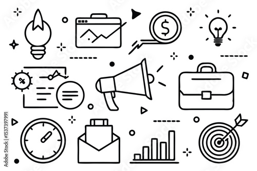 Black and white business startup and success icons with growth charts and financial investment concepts