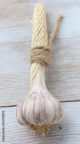 Garlic bulb tied with twine